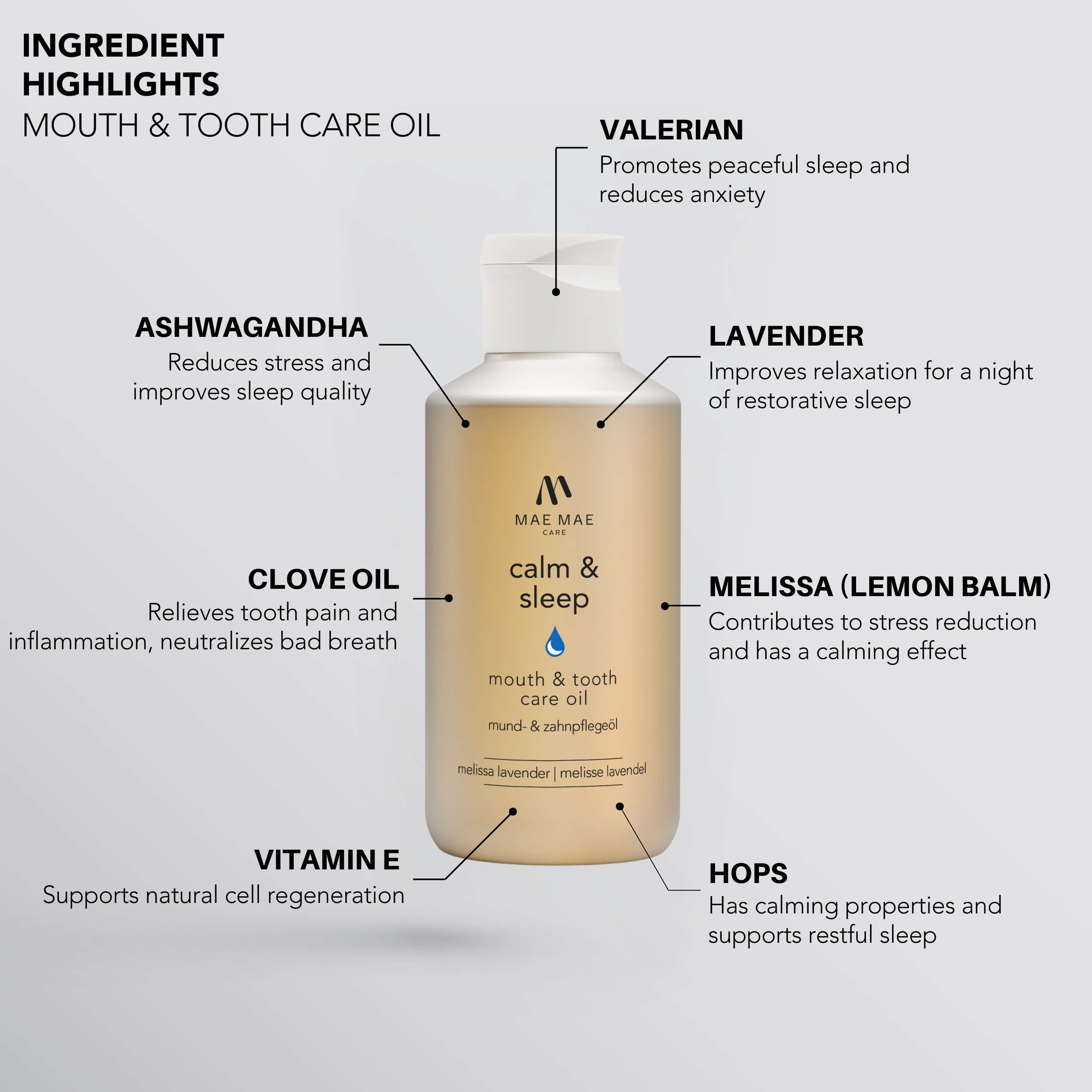 Calm & Sleep 150 ml oil pulling oil for evening oral care by Mae Mae Care
