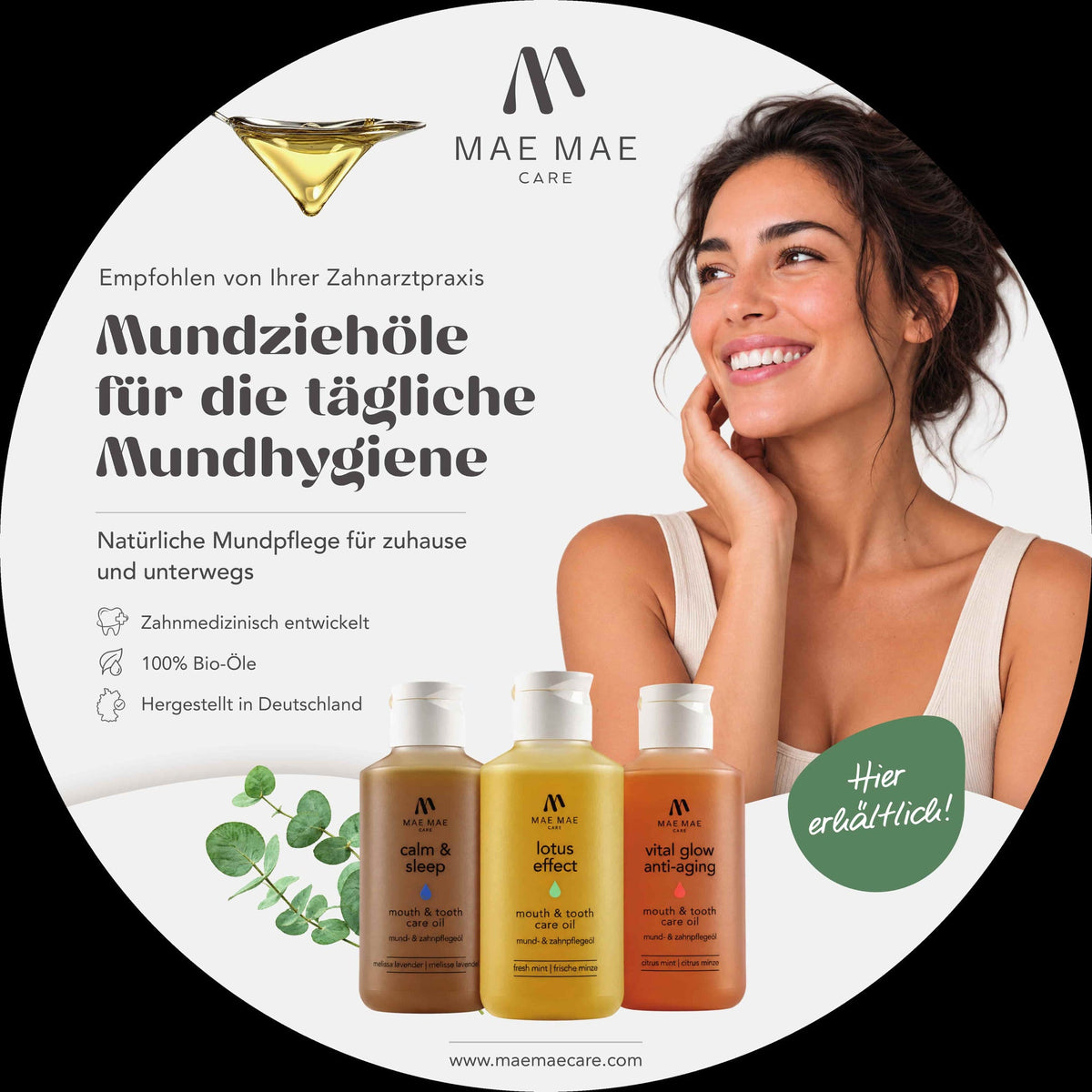 Einseitiger Mae Mae Care Counter- und Wandsticker Ø 35 cm – deutsche Version