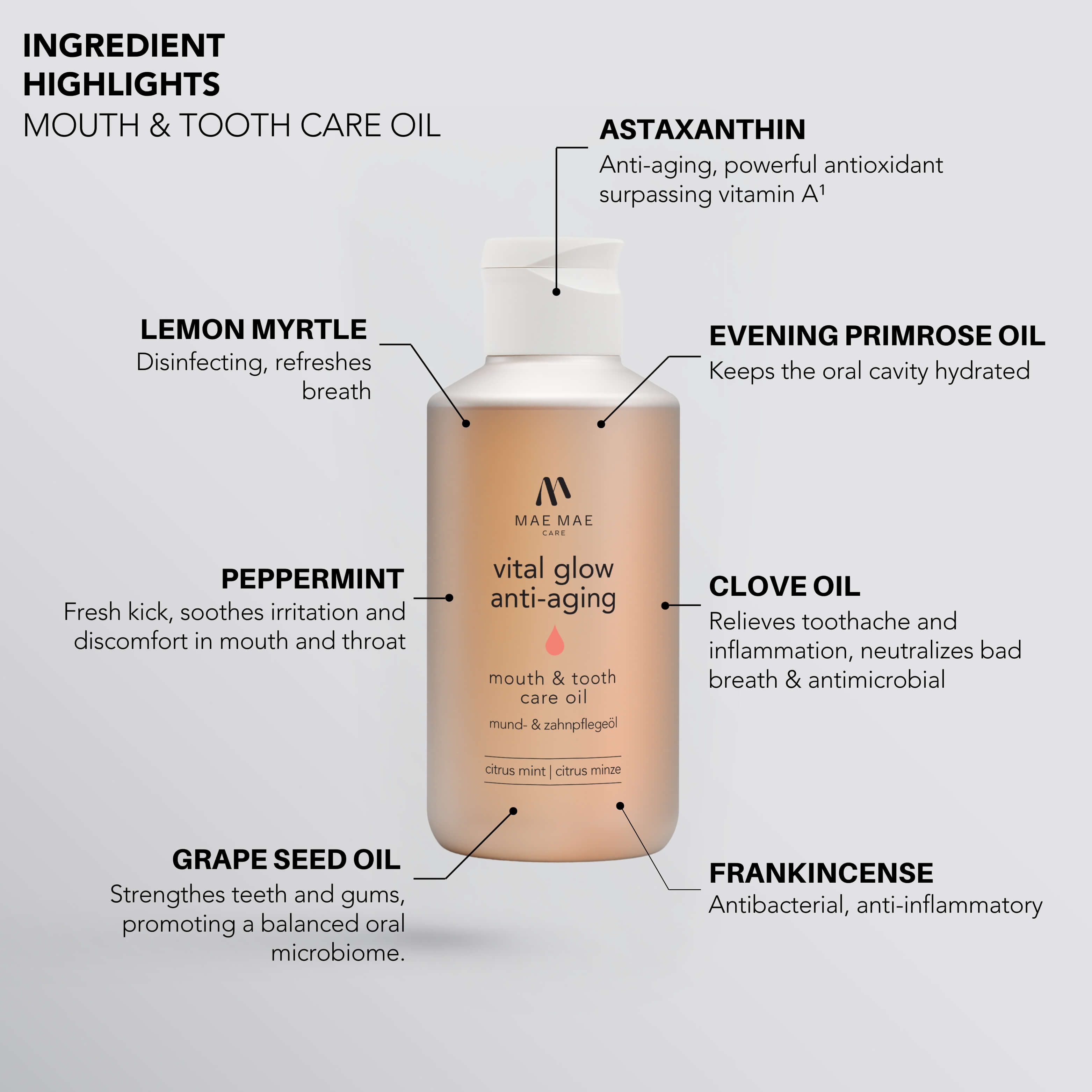 Vital Glow Anti-Aging 150 ml oil pulling oil for daily oral care by Mae Mae Care